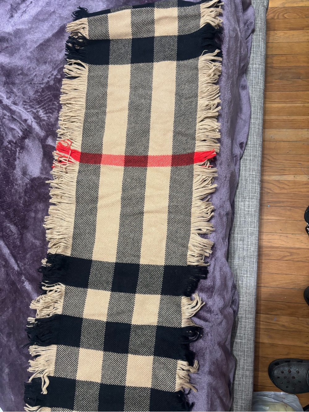 Burberry Beige, Black & Red Fringed Plaid Scarf